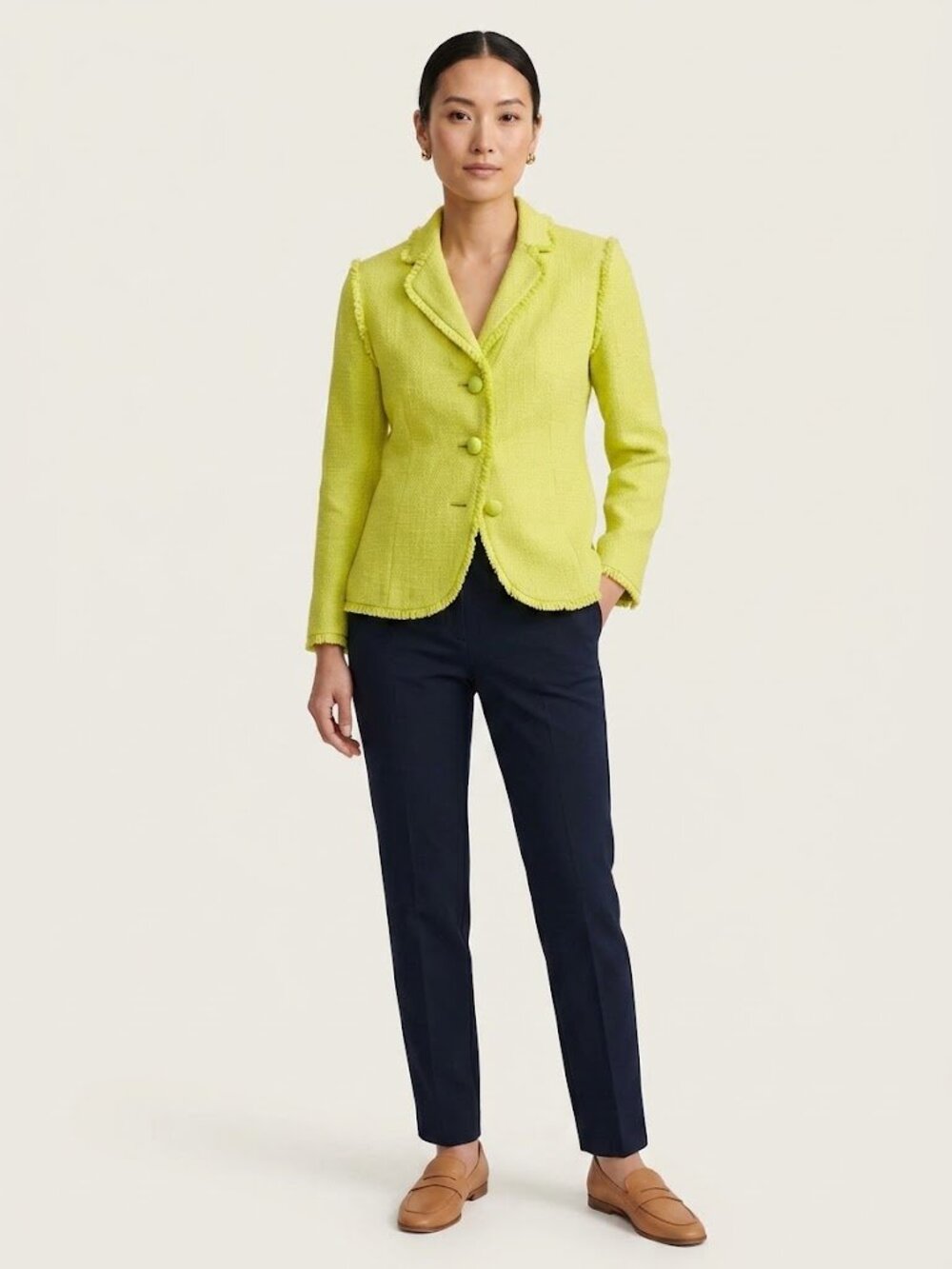 Moschino Lime Green Tweed Frayed-Edge Jacket
